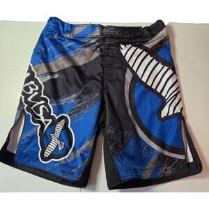 Hayabusa MMA Fighting Shorts Mens Size 34 Black Blue White Athletic Workout Box